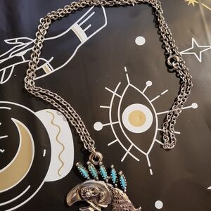 Silver Chain Necklace with Turquoise Accents Of Aztec Bird Head